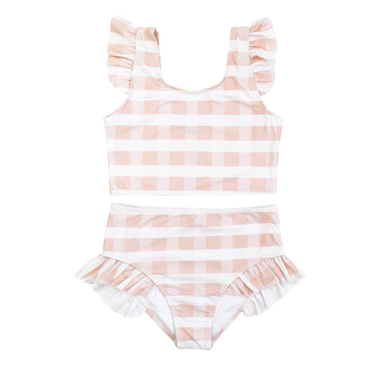 Pink Gingham Flutter Bikini Girls Swimsuit