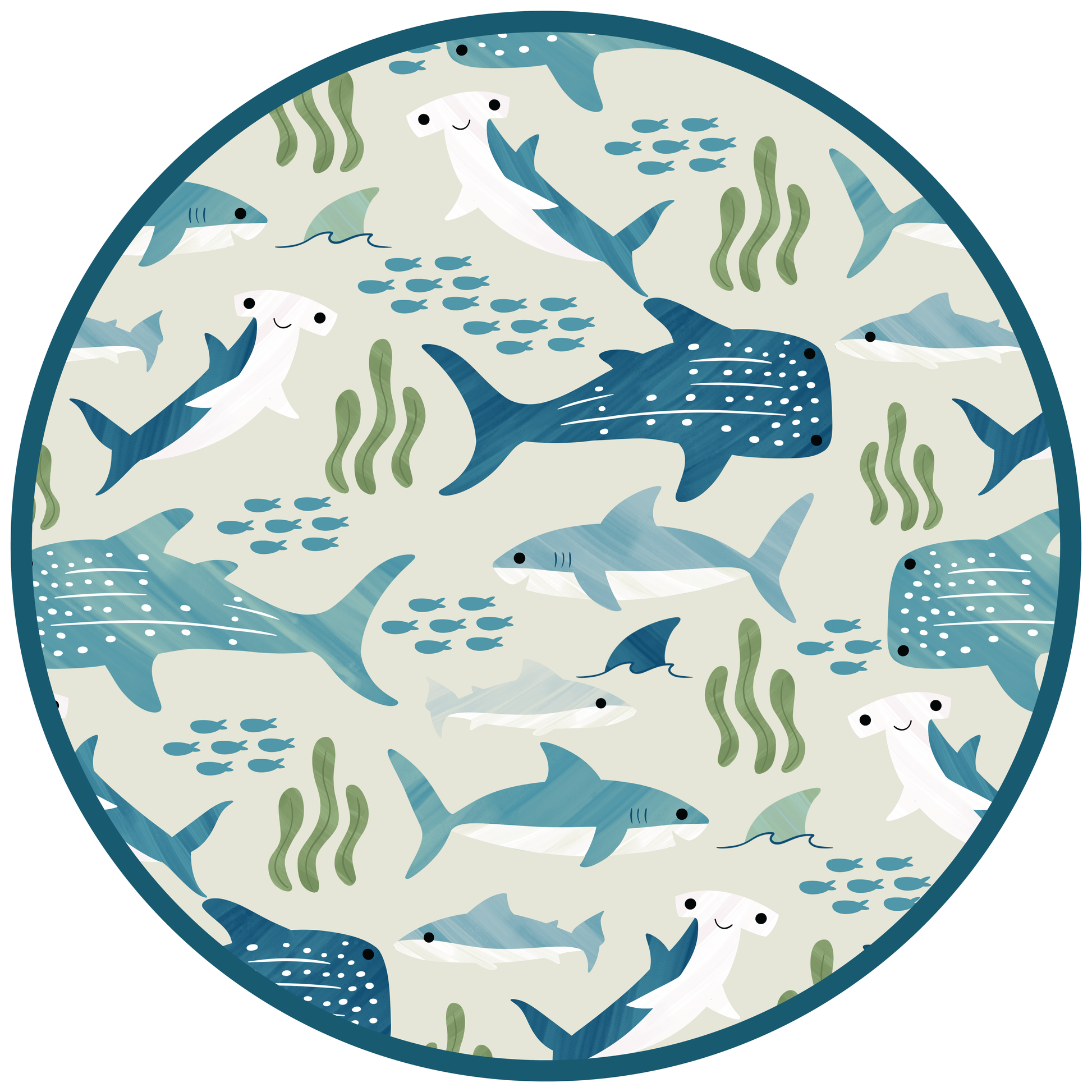 Graphic circle of the Shark print that features schools of fish, seaweed, and different types of sharks.