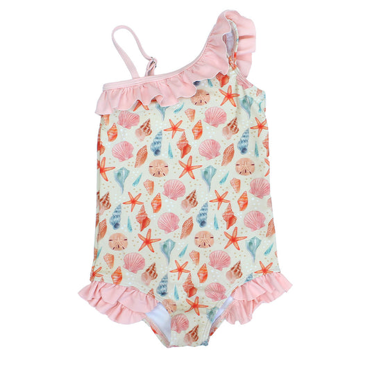 Seashell Ruffle One Piece Swim suite flat lay on a white background.