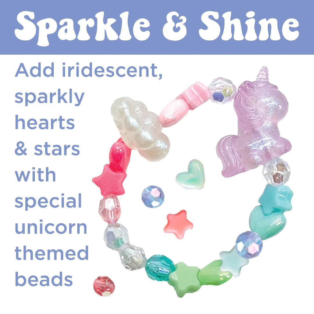 Unicorn-themed bead bracelet with iridescent, sparkly hearts and stars on a blue background with 'Sparkle & Shine' text.