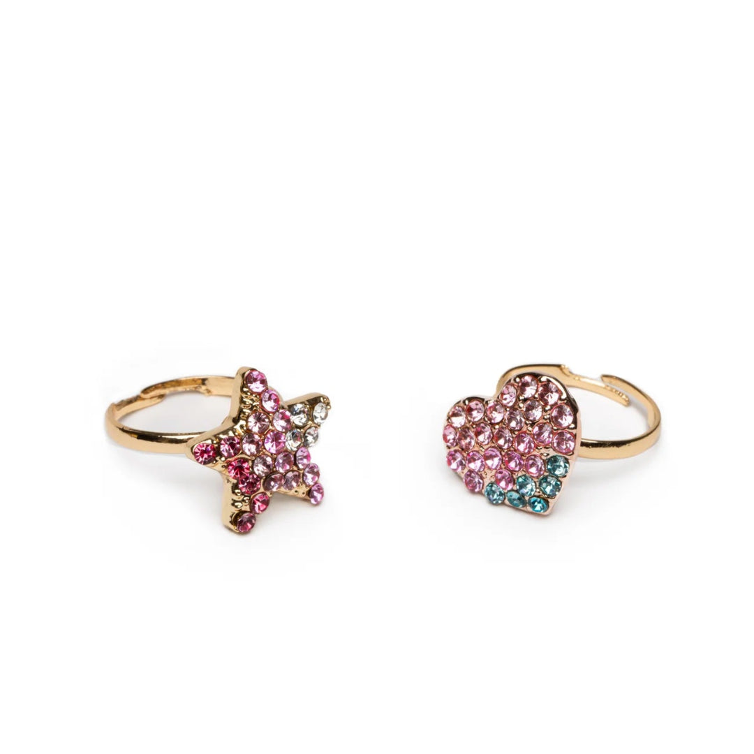 Set of two gold spinner rings made from colorful rhinestones shaped like a star and a heart from Great Pretenders