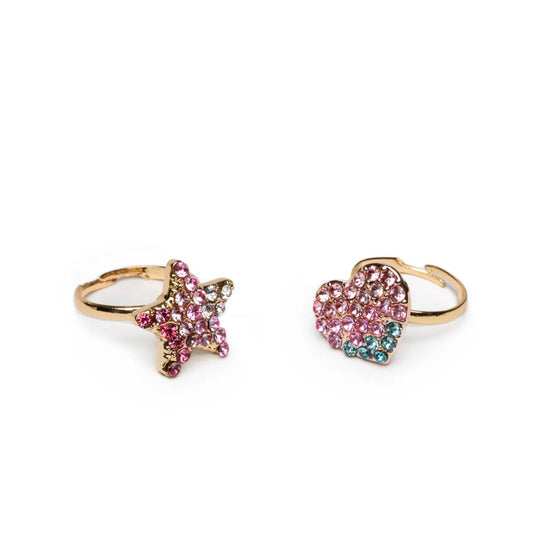 Set of two gold spinner rings made from colorful rhinestones shaped like a star and a heart from Great Pretenders