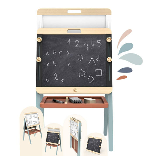 an adjustable wooden art easel that has a storage tray underneath and a black board and white board options