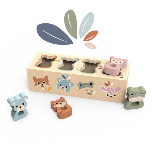 a wooden baby toy thats a shape sorter toy with different animals you fit into the slots. It includes a blue bear, brown fox, green frog, and a pink deer
