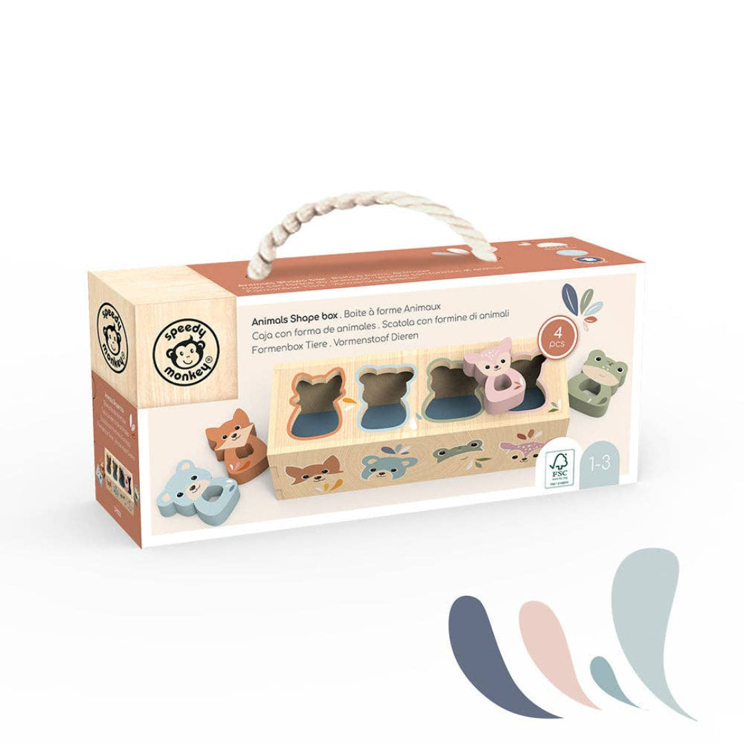 a box with a carry handle that contains a wooden baby toy thats a shape sorter toy with different animals you fit into the slots. It includes a blue bear, brown fox, green frog, and a pink deer
