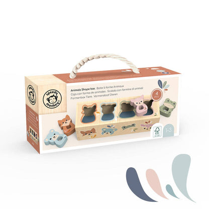 a box with a carry handle that contains a wooden baby toy thats a shape sorter toy with different animals you fit into the slots. It includes a blue bear, brown fox, green frog, and a pink deer