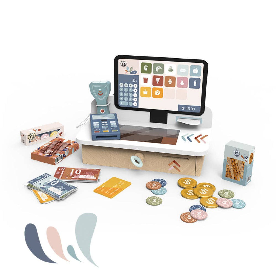 a pretend cash register wooden toy with fake money, groceries, scanner, and credit card machine