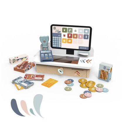 a pretend cash register wooden toy with fake money, groceries, scanner, and credit card machine