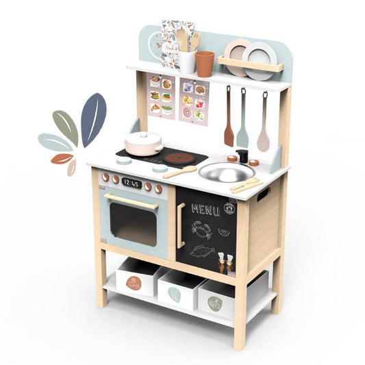a wooden play kitchen in multi pastel colors and has accessories included such as pans, cooking utensils, plates, and cups. the kitchen has a pretend sink, cook top, and oven.