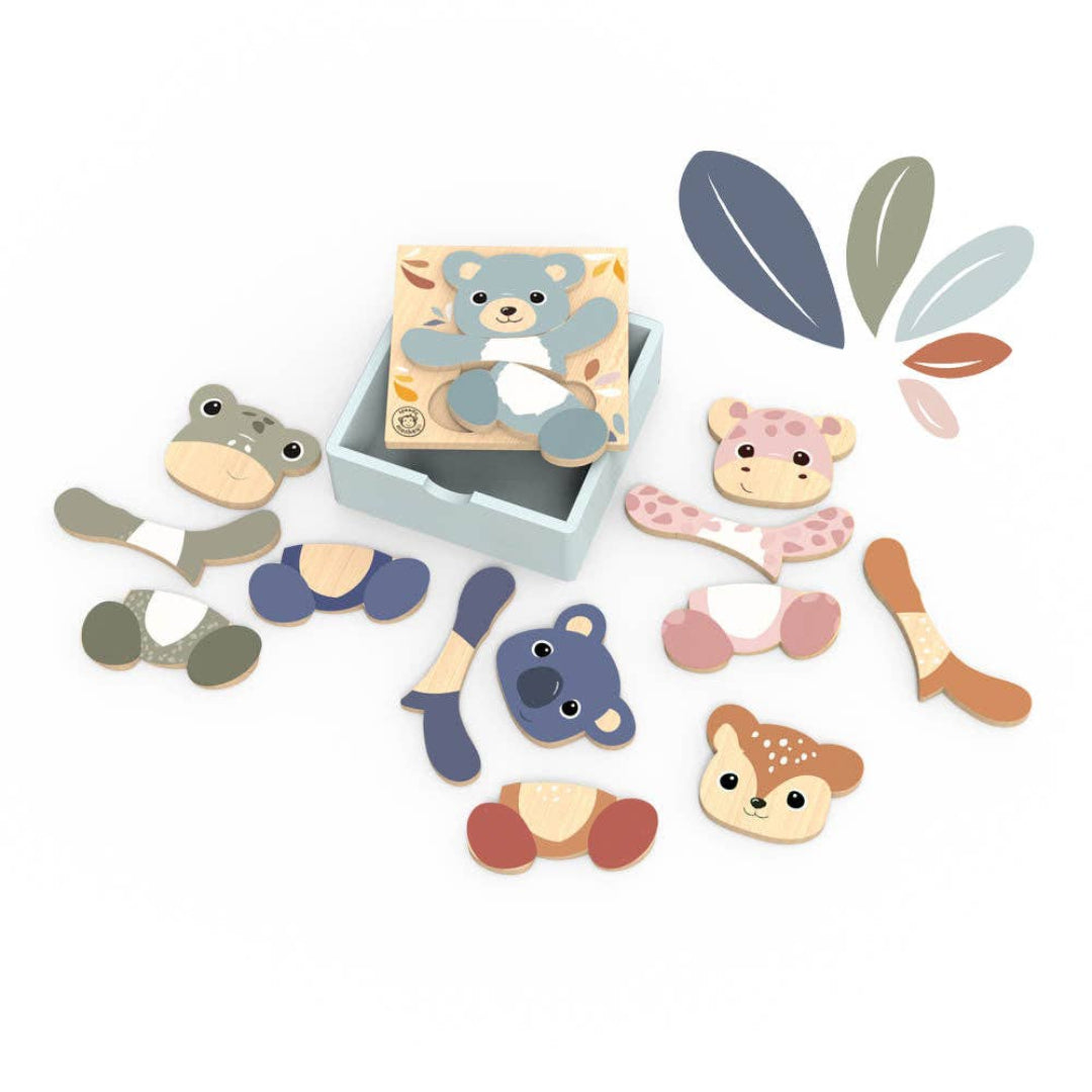 wooden animal shaped puzzles that are each 3 pieces and include a bear, koala, giraffe, frog, and squirrel
