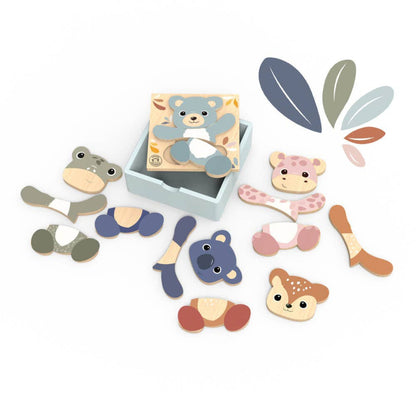 wooden animal shaped puzzles that are each 3 pieces and include a bear, koala, giraffe, frog, and squirrel