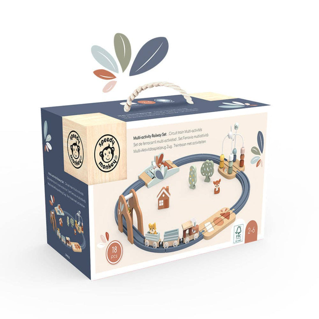 A wooden blue railroad toy with multicolored trains and wooden accessories including animals, trees, and a house