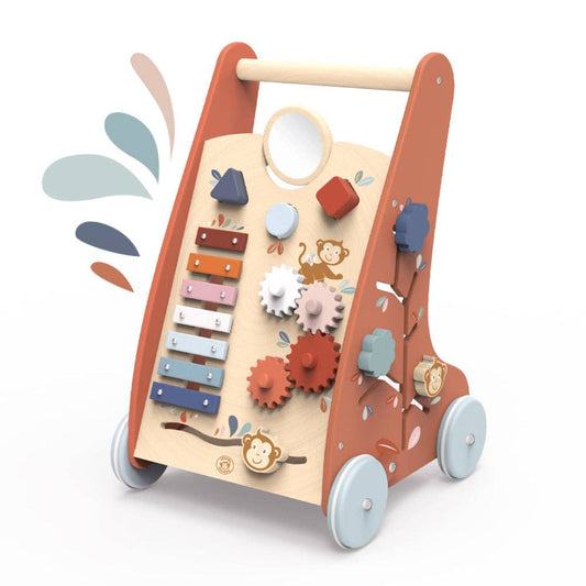 a wooden multicolored activity walker with multiple activities on it