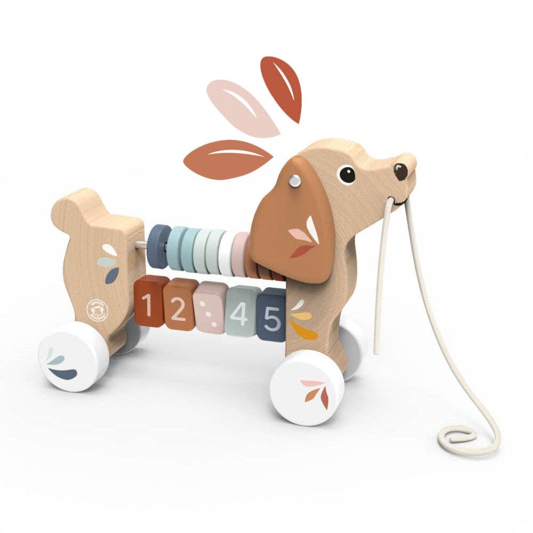 wooden multicolored dog shaped pull along toy with numbers and counting circles along its body