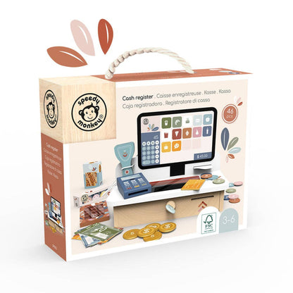the box for a toy thats a pretend cash register wooden toy with fake money, groceries, scanner, and credit card machine