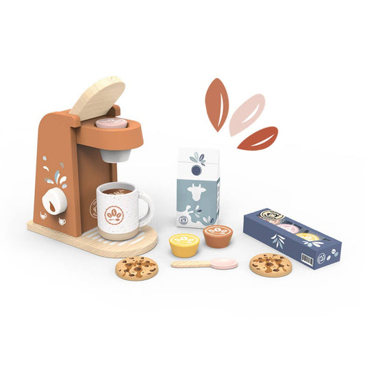 a wooden pretend coffee maker that comes with pretend k-cups, milk, a mug, cookies, and a spoon