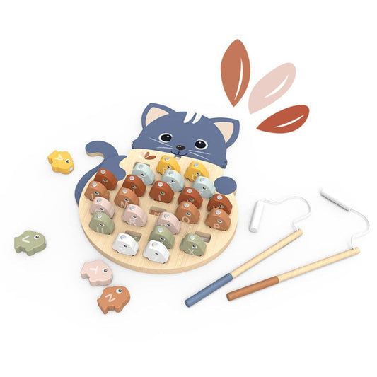 a wooden fishing game that is shaped like a cat holding a fish bowl and there are different colored fish with letters on the alphabet on the front of them, and it includes 2 toy fishing poles