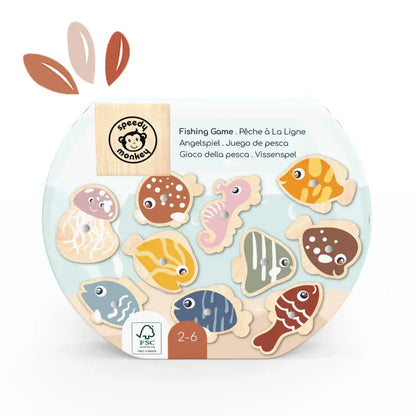 a fishing game board game in a box shaped like a fish bowl and it includes 10 magnetic fish and 2 magnetic fishing poles