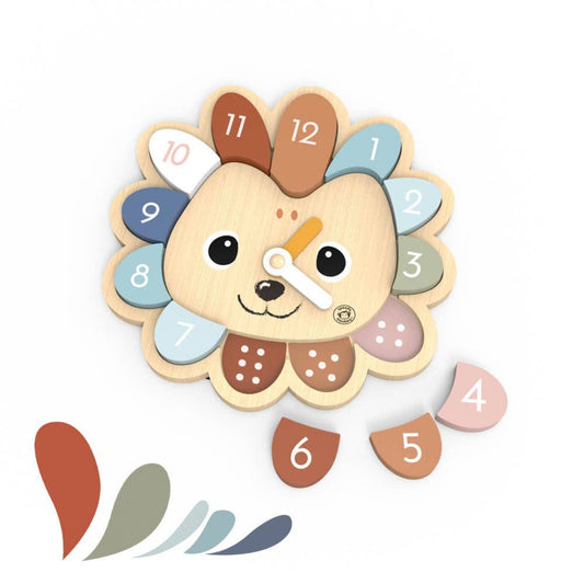 a wooden puzzle toy shaped like a lions face clock 