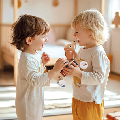 2 toddlers playing with a wooden pull along dog toy in a bedroom with a bed in the background