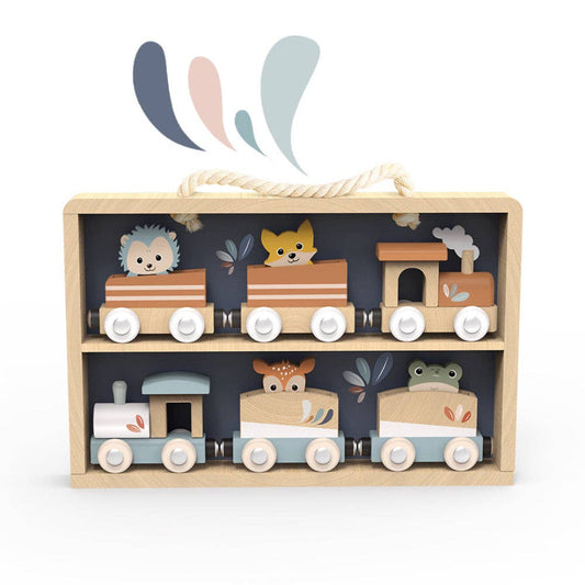 a wooden display case that holds 2 trains that are 3 sections each. The trains are multicolored and have little animal friends inside of them