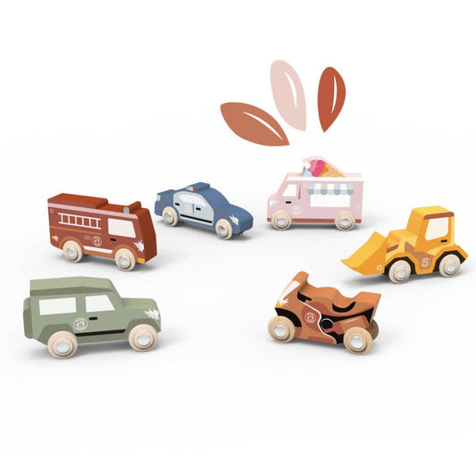 wooden toy vehicles including a green truck, red firetruck, blue police car, pink ice cream truck, yellow digger, and brown motorcycle