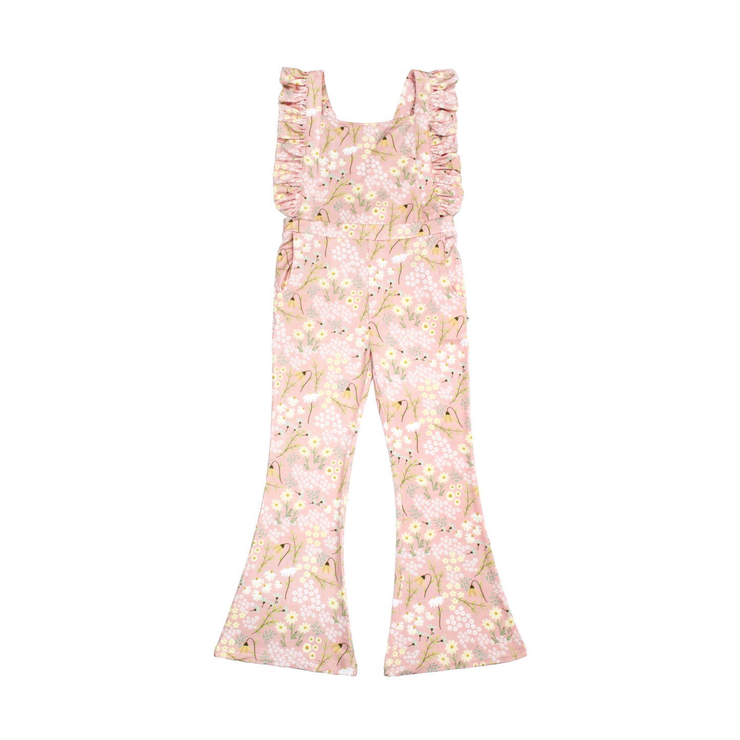 Floral-patterned overalls on a white background