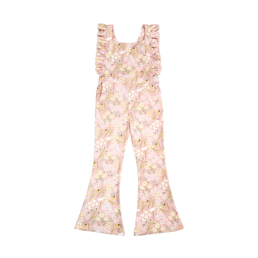 Floral-patterned overalls on a white background