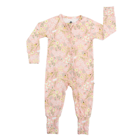 Pink floral baby onesie on a white background