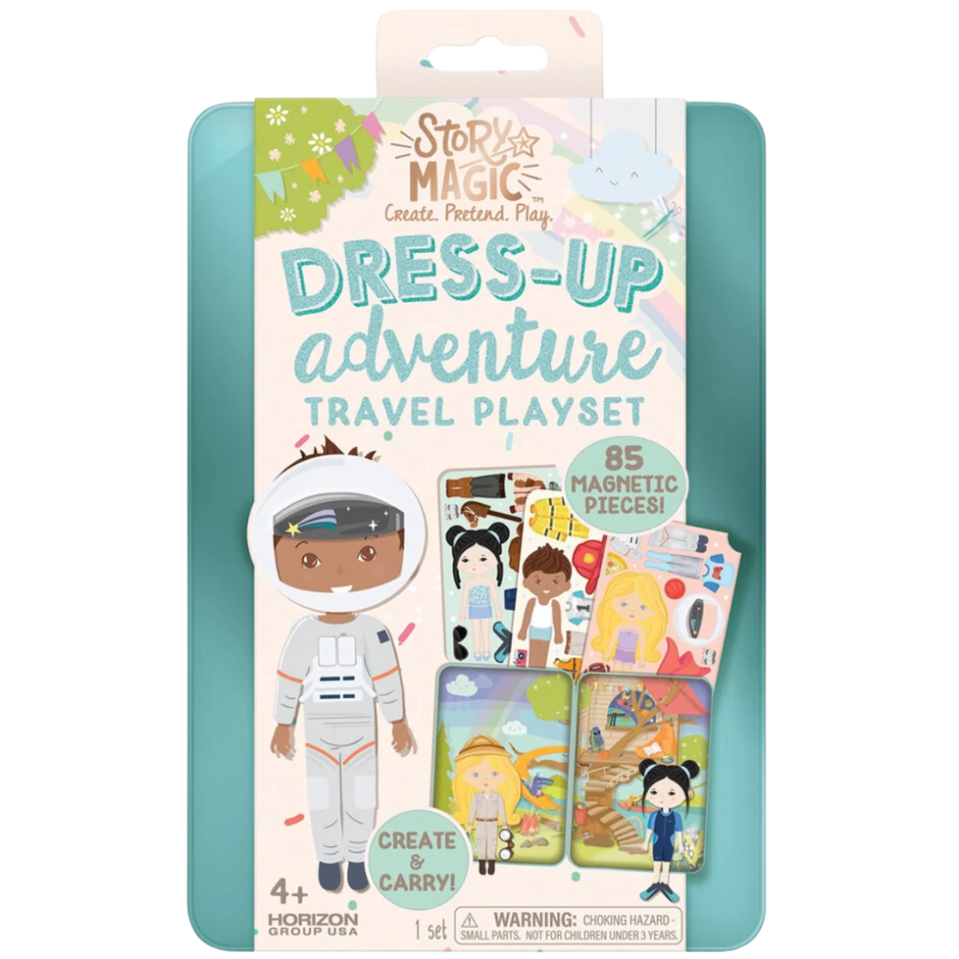Story Magic Dress-Up Adventure Travel Playset packaging with character images and text on a white background