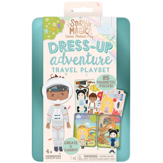 Story Magic Dress-Up Adventure Travel Playset packaging with character images and text on a white background
