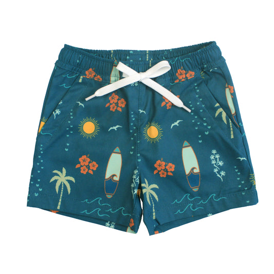 Surf’s Up boys swim trunks with surfboards and palm trees