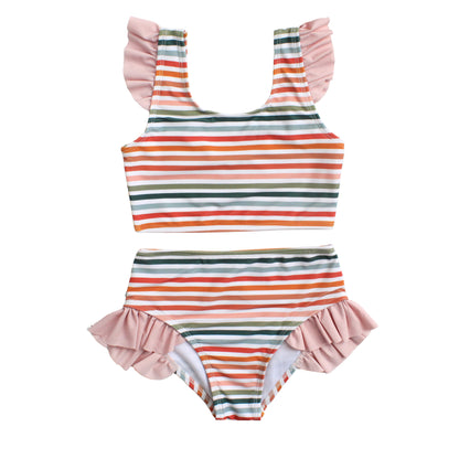 Striped swimsuit with ruffled details on a white background