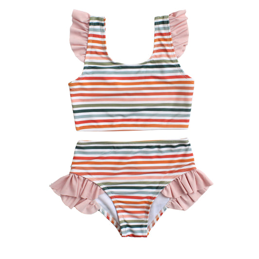 Striped swimsuit with ruffled details on a white background
