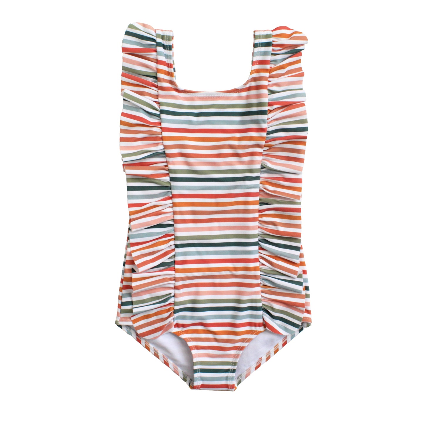 Striped swimsuit with orange, green, and white pattern on a white background