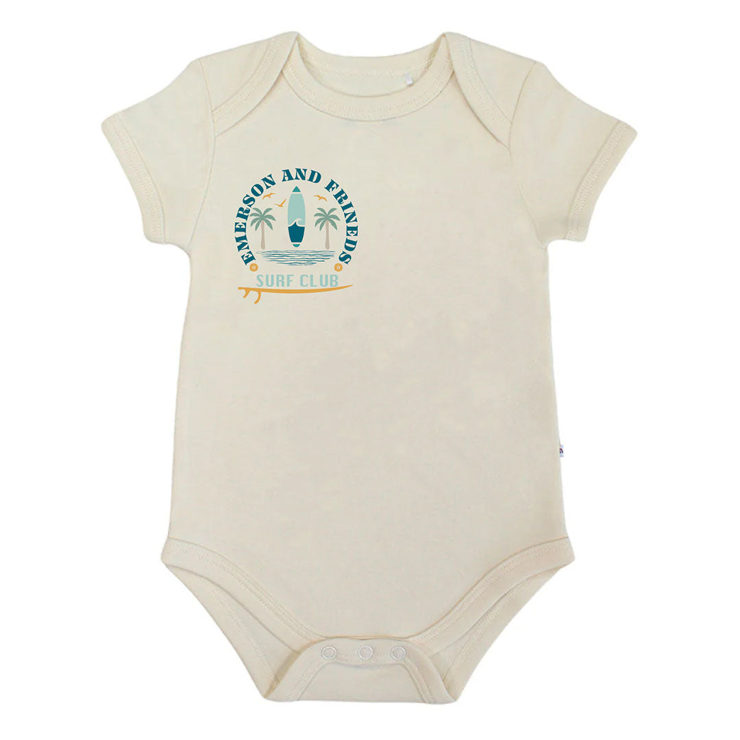 Beige baby onesie with a graphic design on a white background