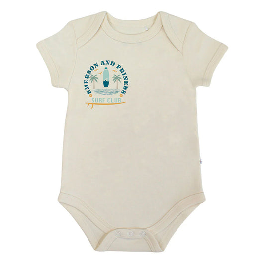 Beige baby bodysuit with a graphic design on a white background