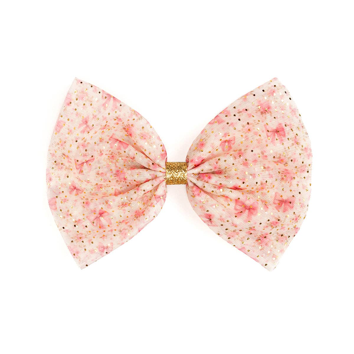 Pink bow with gold center on a white background