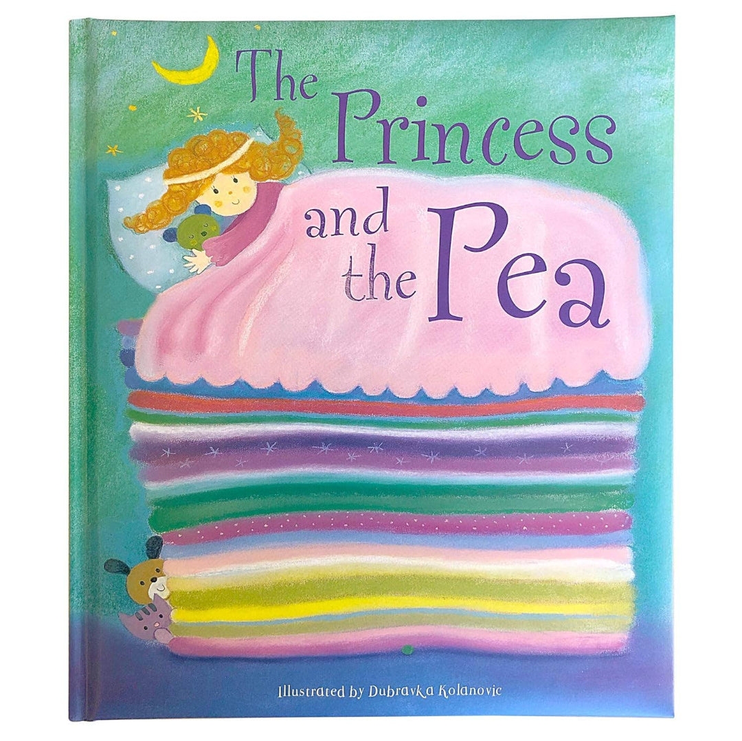 A story book with a princess laying on top of about 15 blankets with the moon shining overhead and 3 soft toys