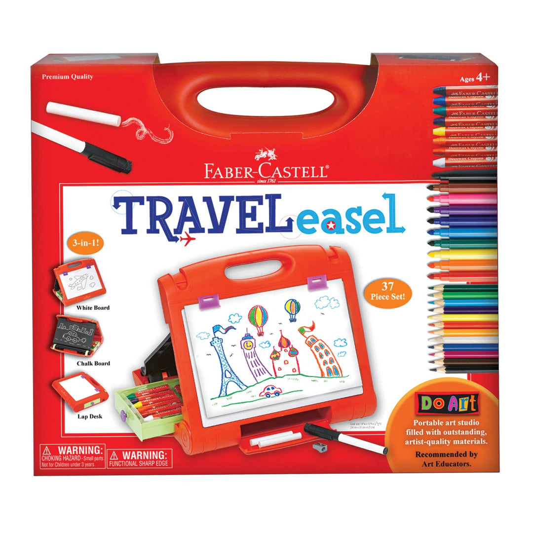 Faber-Castell Travel Easel set packaging with colorful pencils and accessories.