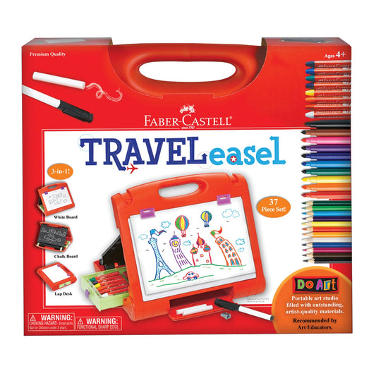 Faber-Castell Travel Easel set packaging with colorful pencils and accessories.