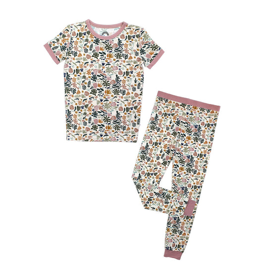 Tropical Paradise Floral Two-Piece Bamboo Short Sleeve Kids Pajama Pants Set
