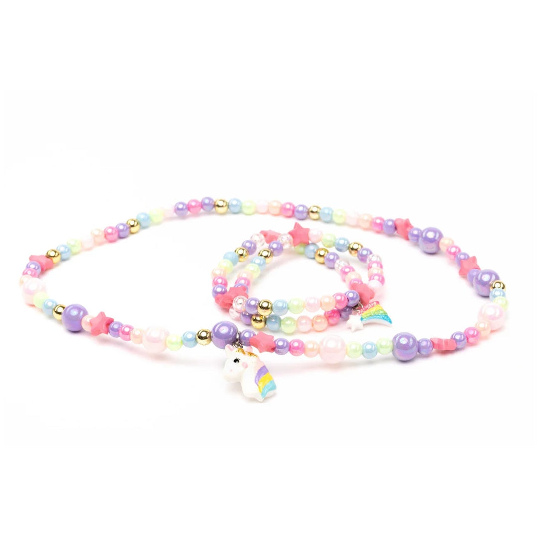 Colorful beaded necklace and bracelet set with a unicorn charm from Great Pretenders