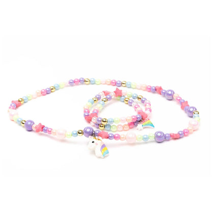 Colorful beaded necklace and bracelet set with a unicorn charm from Great Pretenders