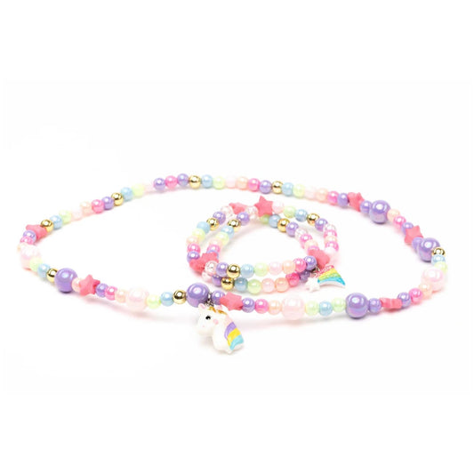 Colorful beaded necklace and bracelet set with a unicorn charm from Great Pretenders