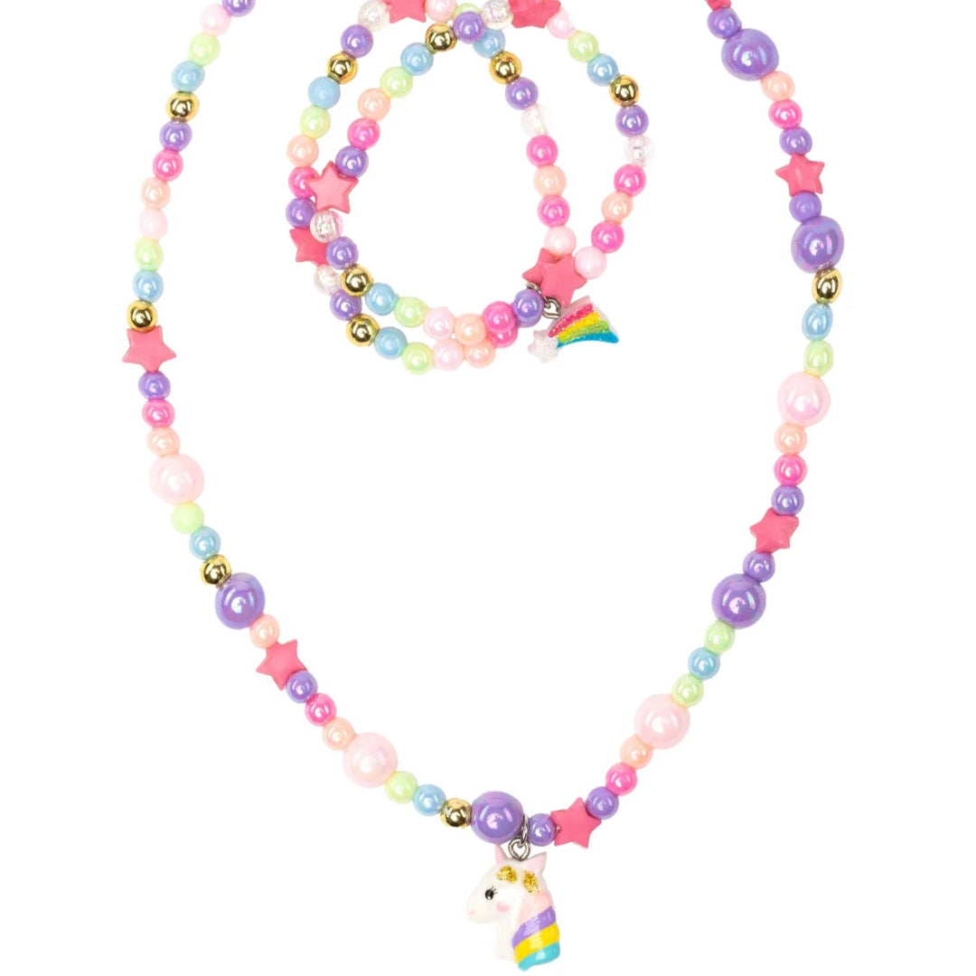 Colorful beaded necklace and bracelet set with a unicorn charm from Great Pretenders 