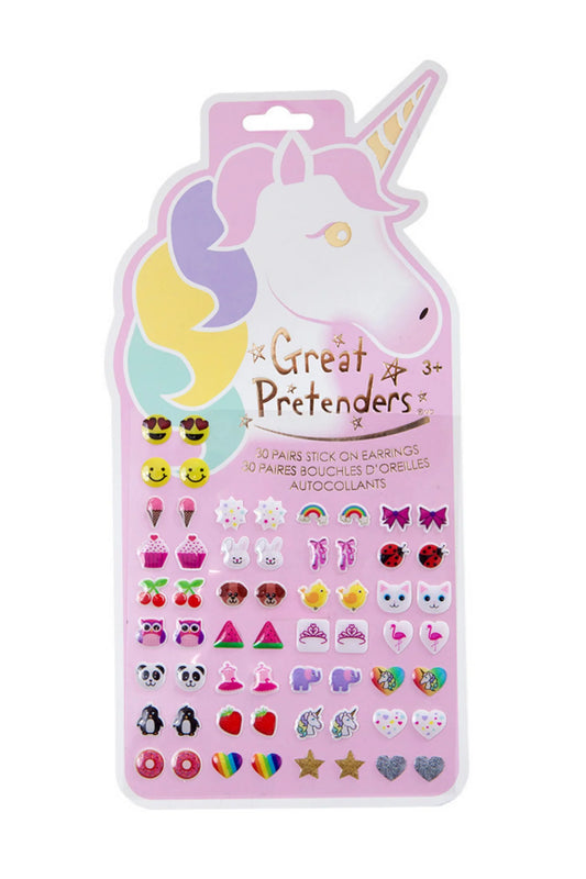 Pack of 30 stickers earrings with  unicorns, hearts, stars, bows, flowers and animals from Great Pretenders 