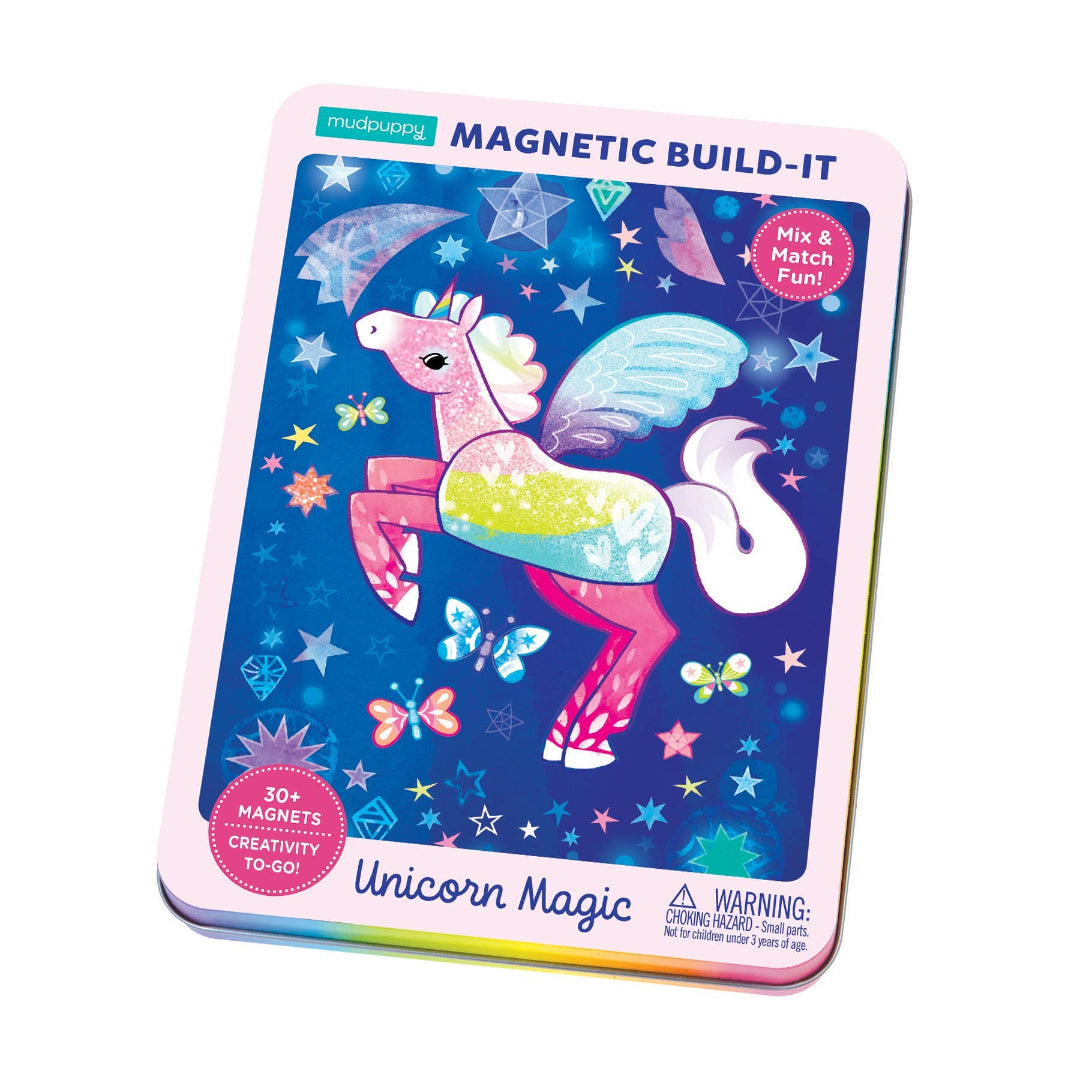 Unicorn magnetic pages to take on the go. Over 30 colorful magnets in a tin case. 