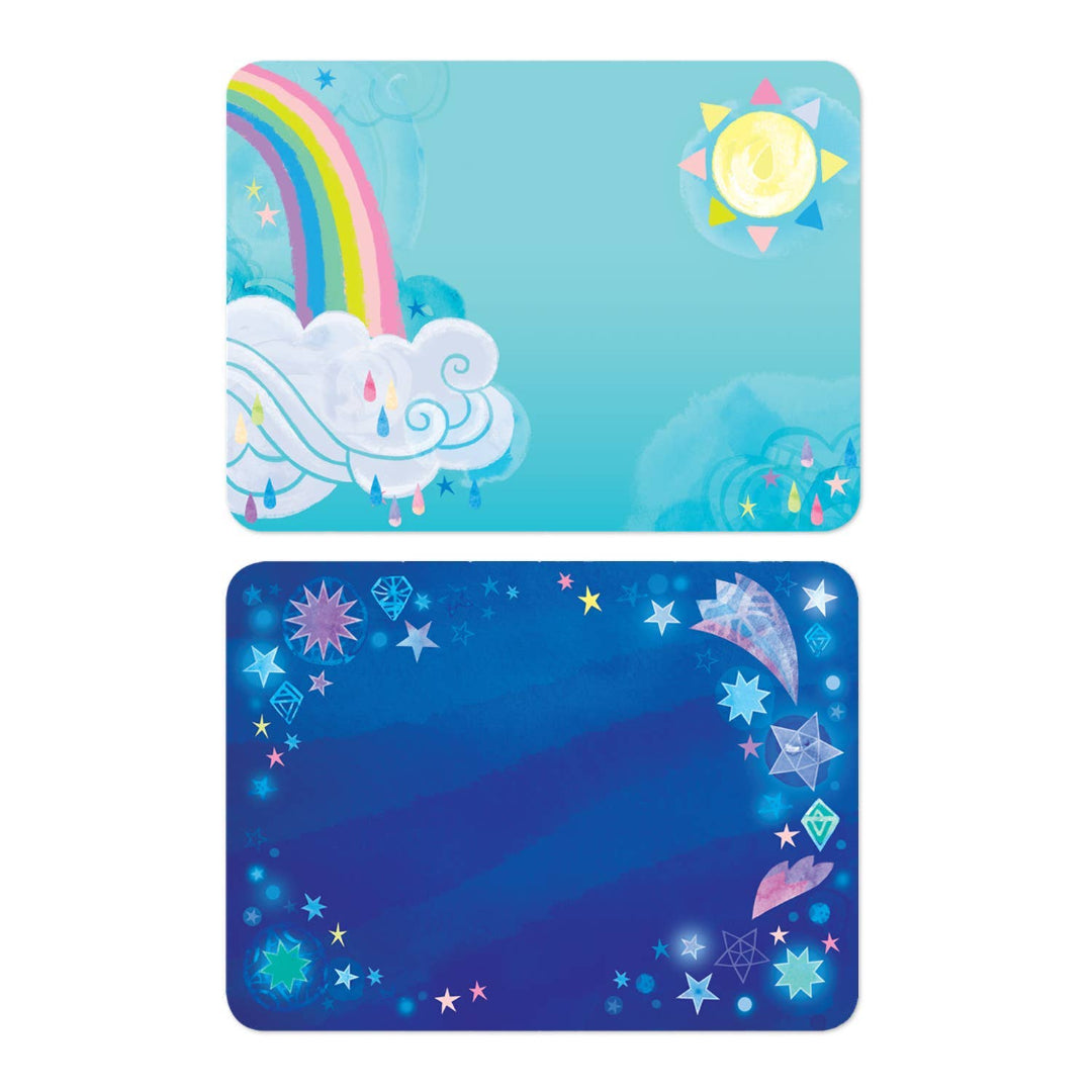 Unicorn magnetic pages to take on the go. 2 colorful background scenes included in tin case