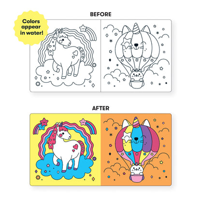 Coloring book pages with black outlines before and after coloring, showing vibrant colors in water.